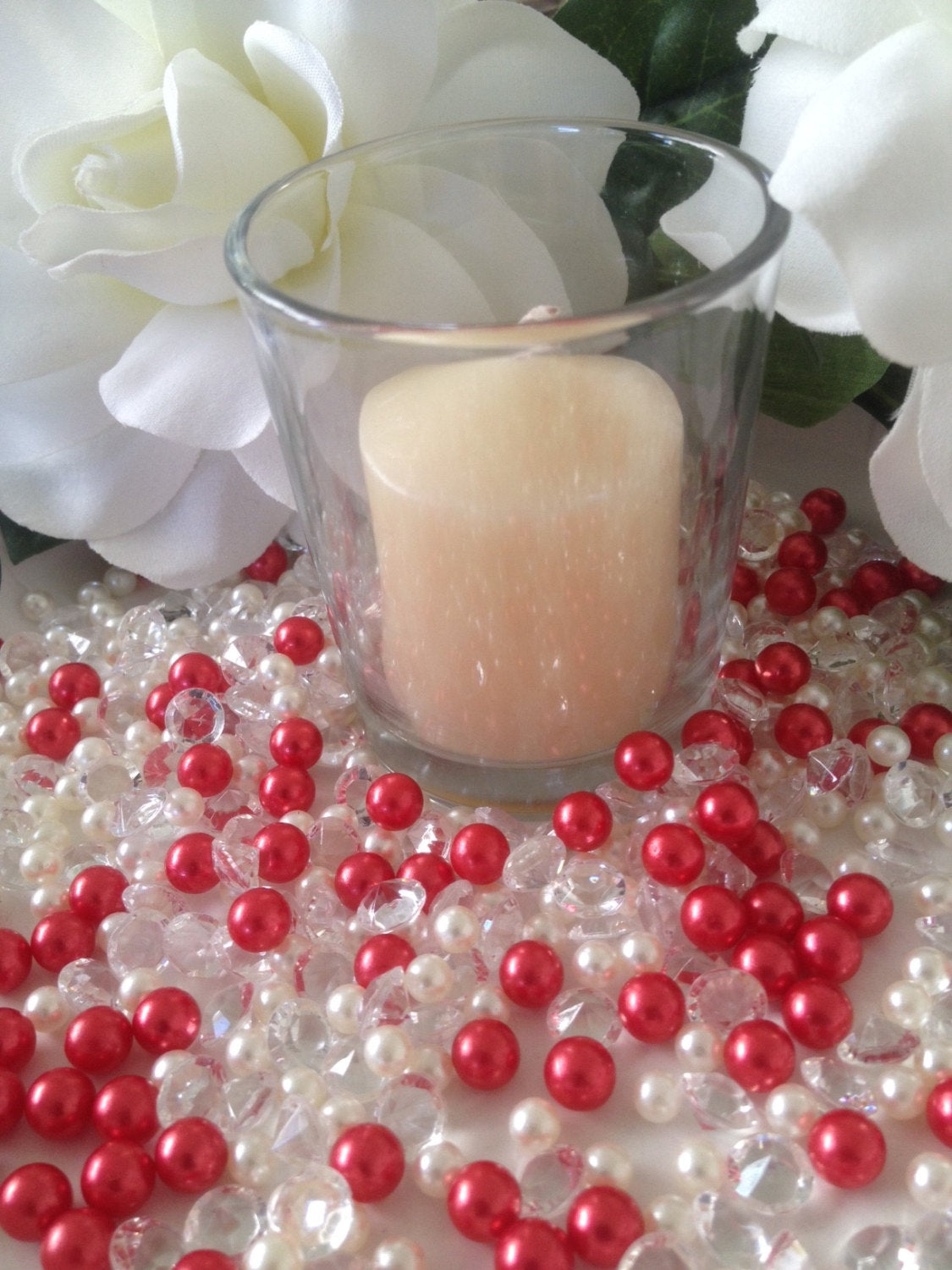 Pearls And Diamond Candle Votive/Wine Glass Fillers Red/Ivory Pearl, Clear Diamonds