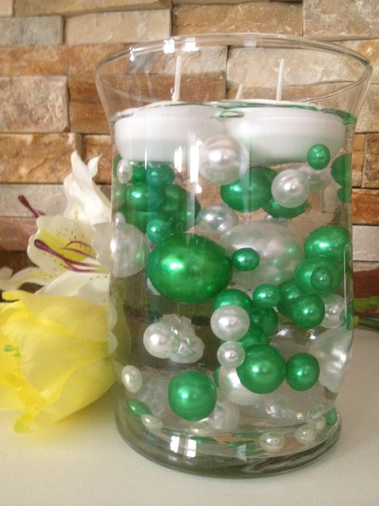 DIY Floating Pearl Centerpiece Vase Filler Pearls Green/White Pearls 80 Jumbo & Mix Size Pearls, No Hole Pearls