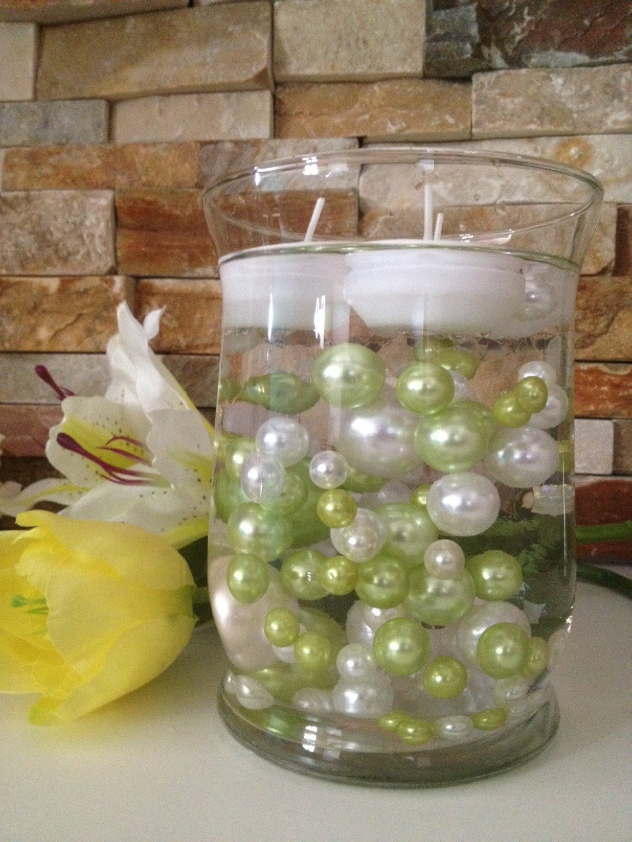 Vase Filler Pearls For Floating Pearl Centerpiece, Lime Green/White Pearls 80 Jumbo & Mix Size Pearls, No Hole Pearls