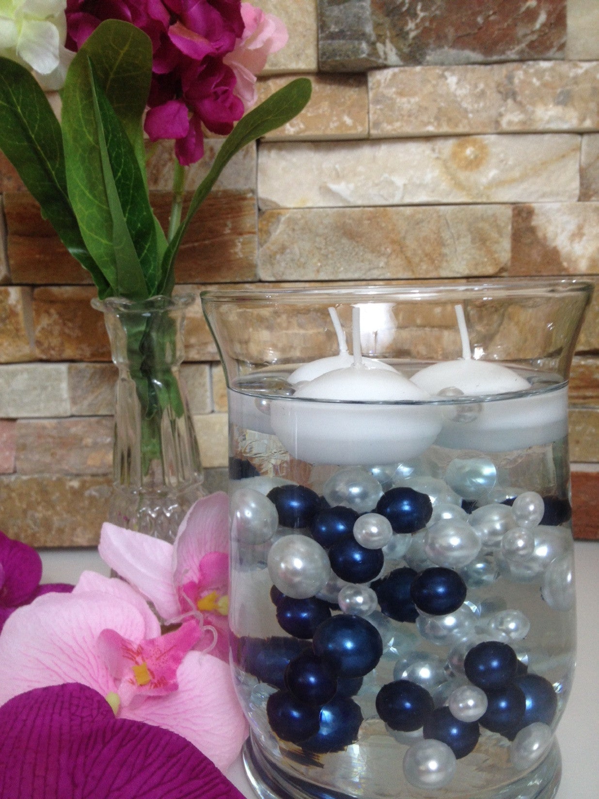 DIY Floating Pearl Centerpiece Vase Filler Pearls Navy Blue/White Pearls 90 Mix Size Pearls, No Hole Pearls