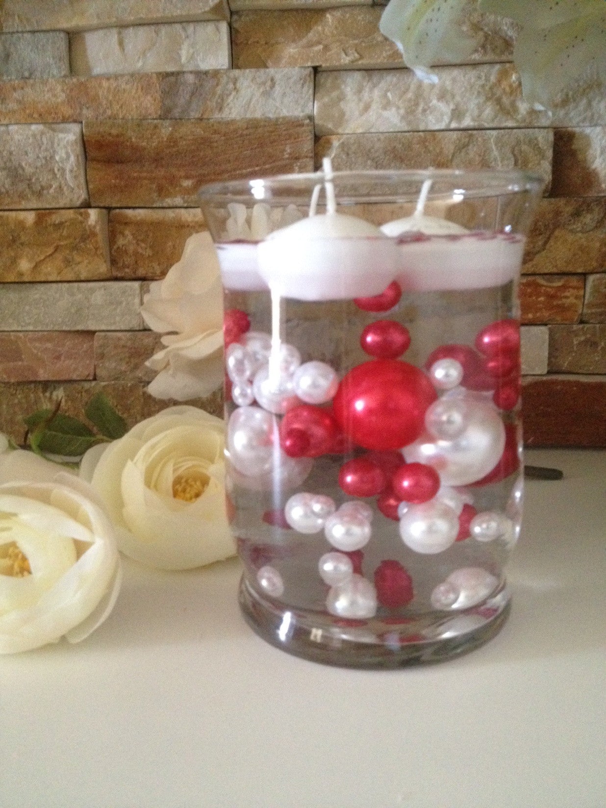 DIY Floating Pearl Centerpiece Vase Filler Pearls Red/White Pearls 80 Jumbo & Mix Size Pearls, No Hole Pearls