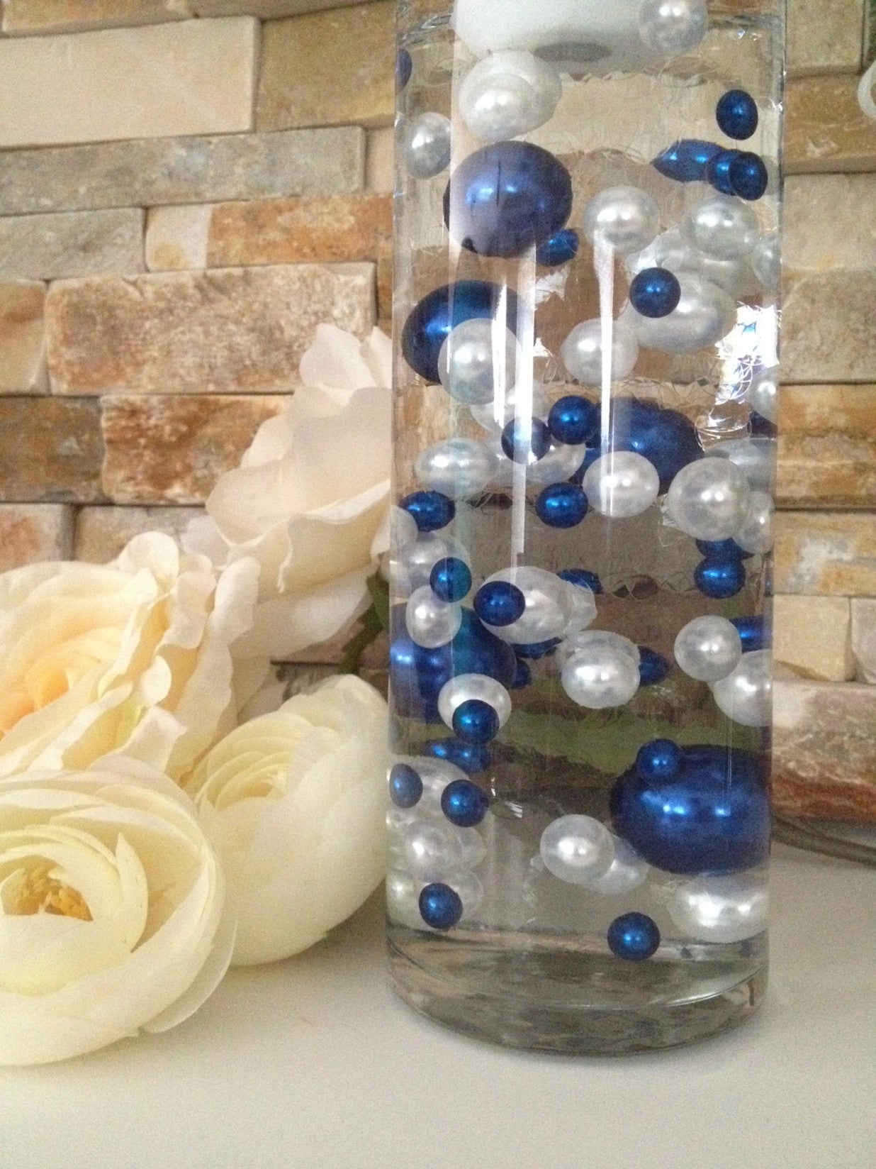 DIY Floating Pearl Centerpiece Vase Filler Pearls Royal Blue/White Pearls 80 Jumbo & Mix Size Pearls