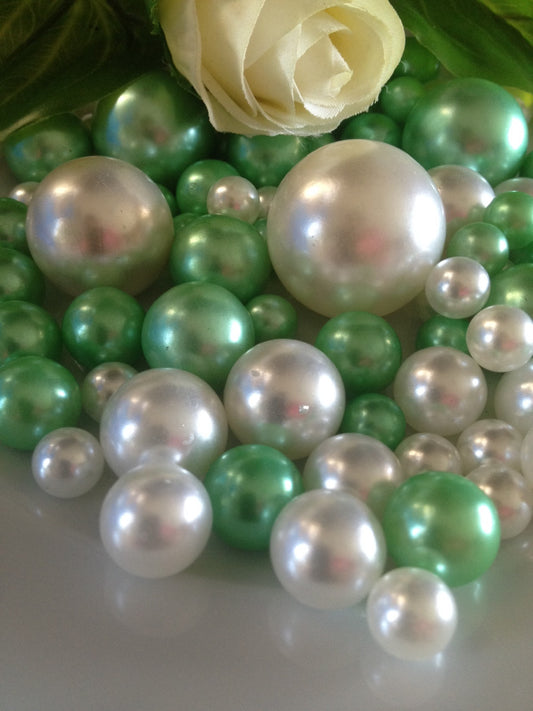 Seafoam Green And White Pearls, Vase Filler Pearls, DIY Floating Pearl Centerpiece, Table Scatters And Confetti, Jumbo Mix Size Pearls