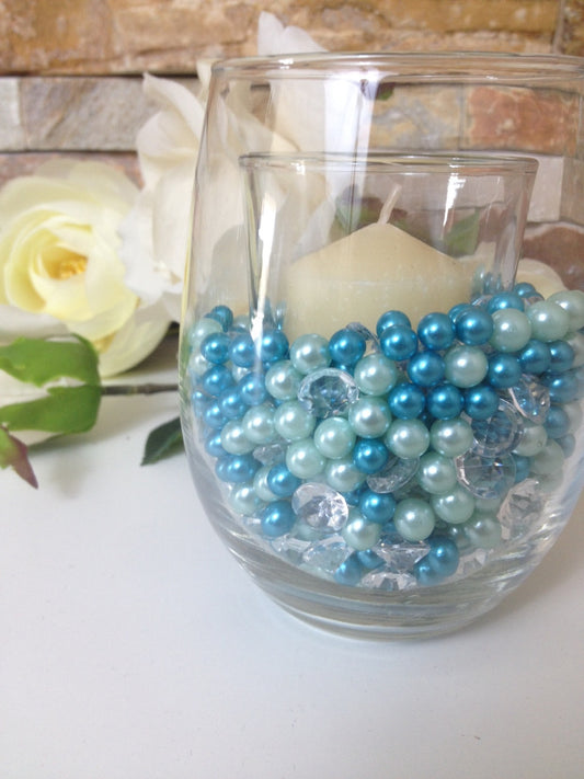 Diamonds And Pearls Table Scatter, Teal Blue & Light Blue Table Confetti, Vase Filler Pearls For Candles, Wine glass