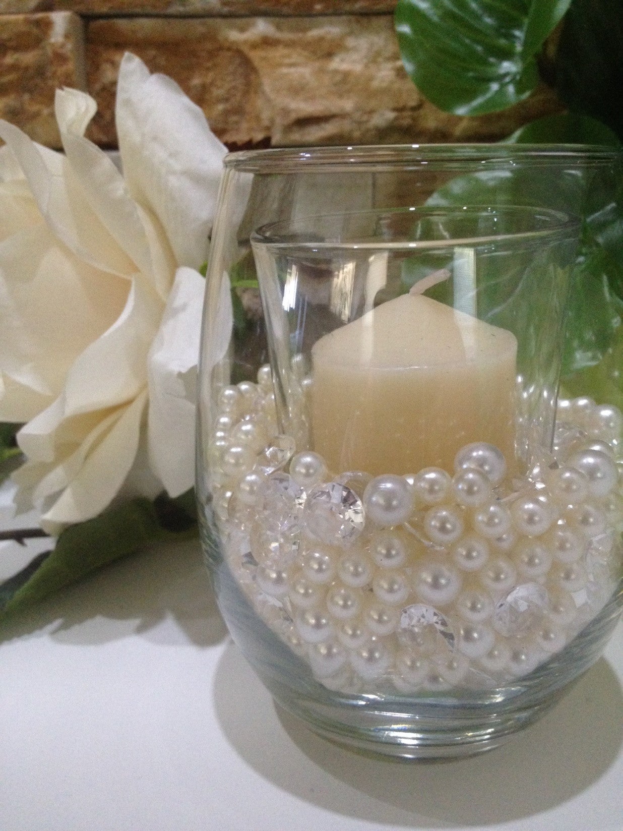 Diamonds And Pearls Table Scatter, Ivory And White Pearls & Clear Diamond Table Confetti, Vase Filler Pearls For Candles, Wine glass