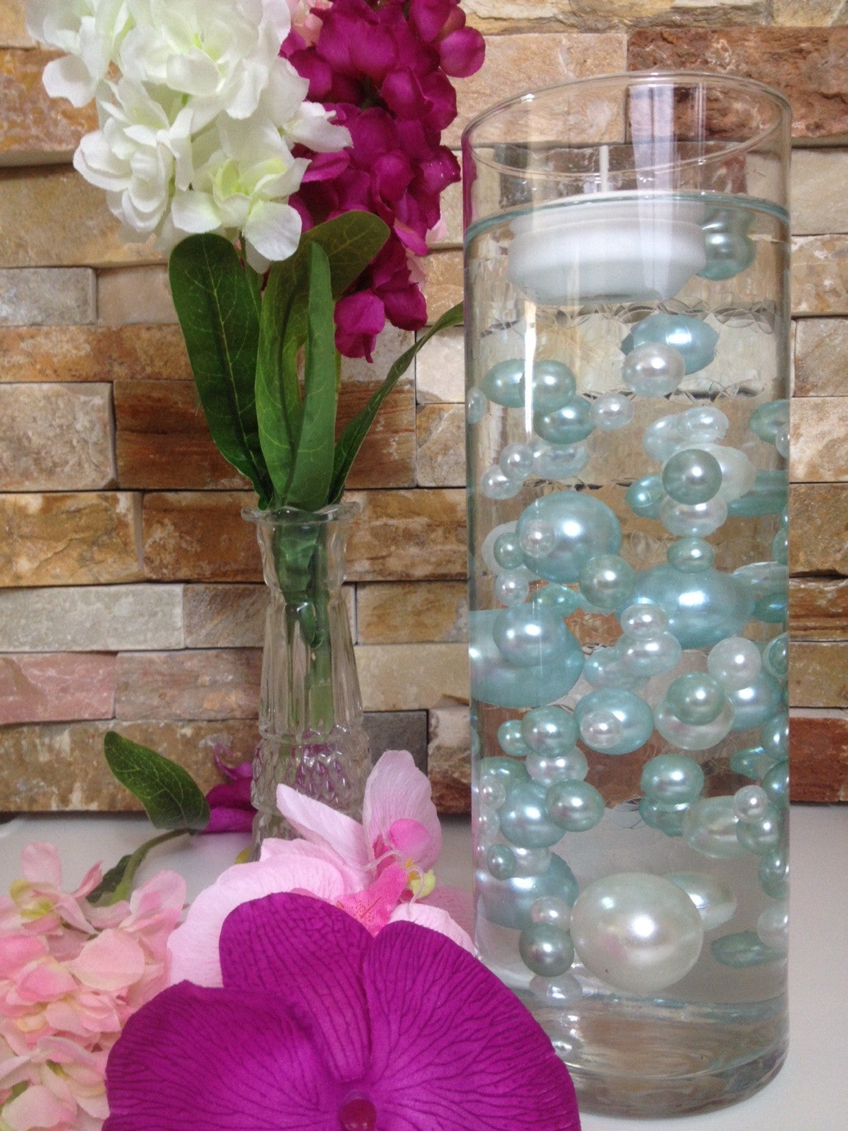 DIY Floating Pearl Centerpiece Vase Filler Pearls Light Blue/White Pearls 80 Jumbo & Mix Size Pearls, No Hole Pearls